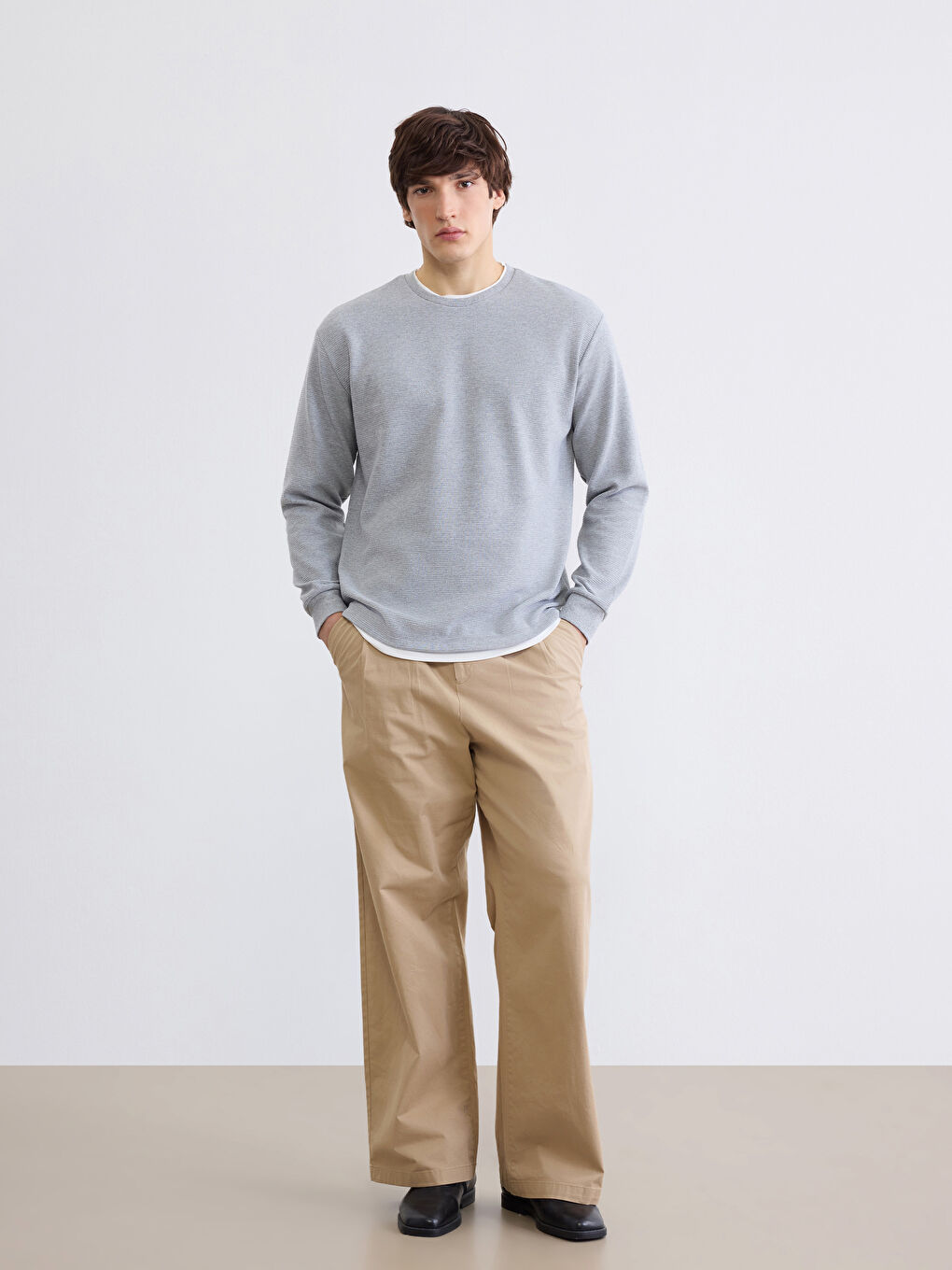 Gri Katman Görünümlü Bisiklet Yaka Erkek Sweatshirt-1