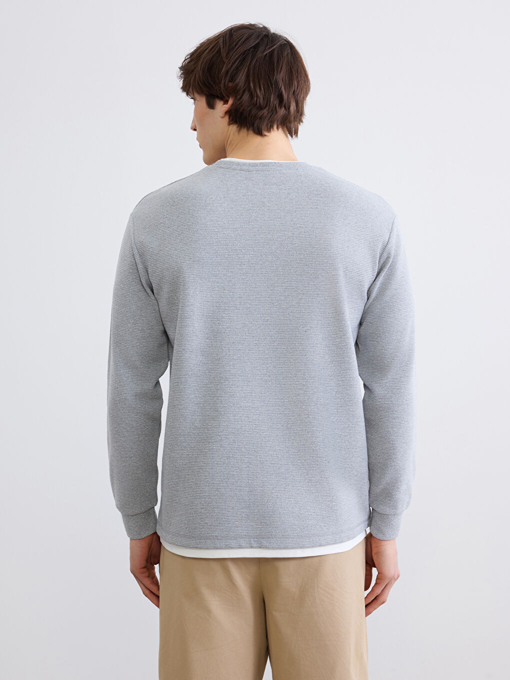 Gri Katman Görünümlü Bisiklet Yaka Erkek Sweatshirt-3