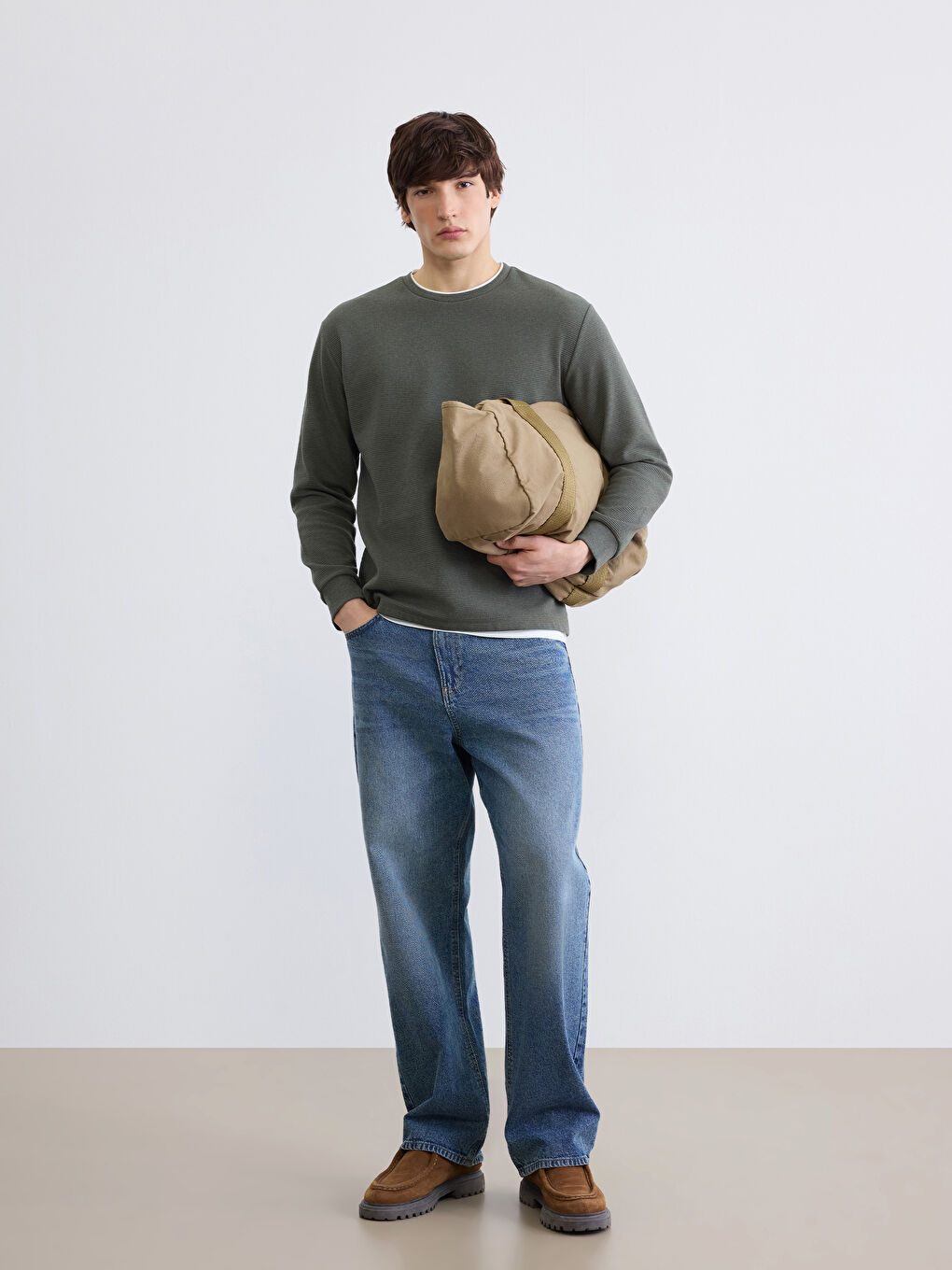 Yeşil Bisiklet Yaka Erkek Sweatshirt-1