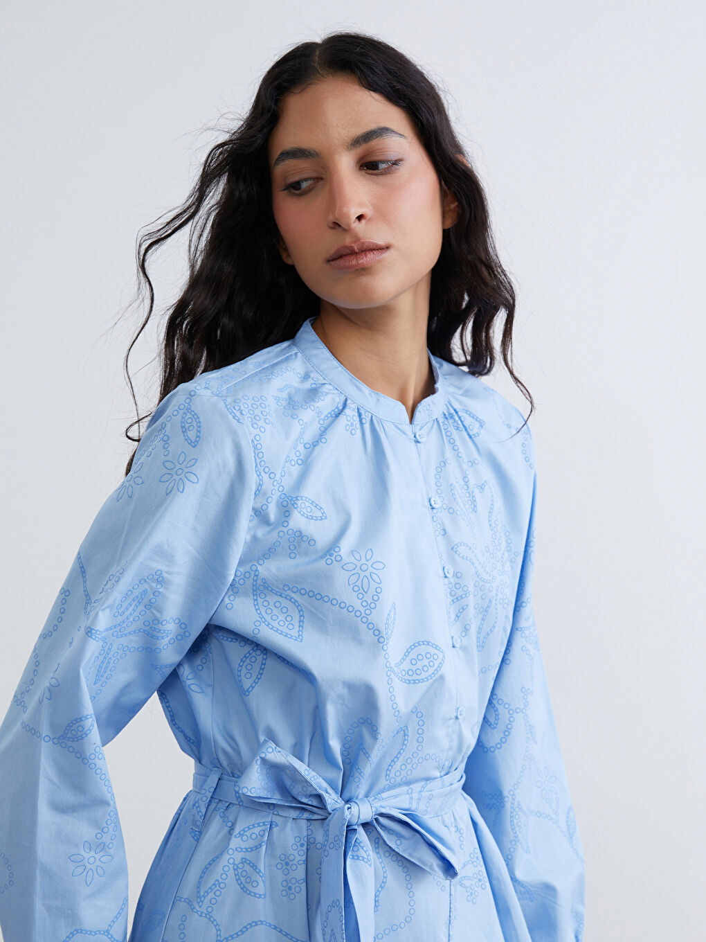 Embroidered Poplin Dress with a Mandarin Collar-1