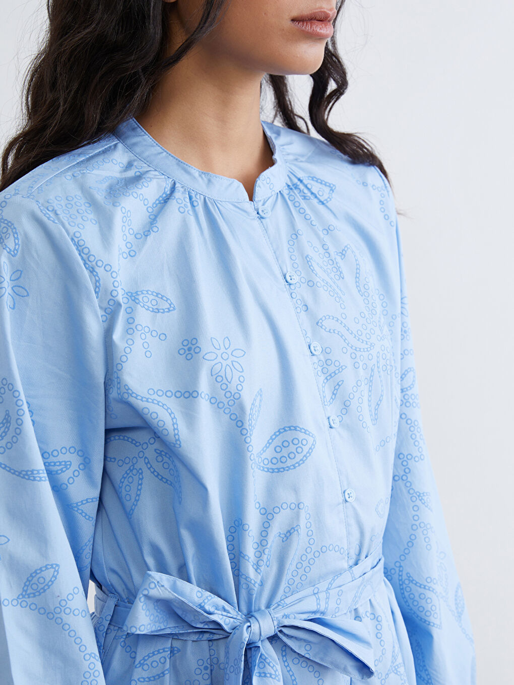 Embroidered Poplin Dress with a Mandarin Collar-2