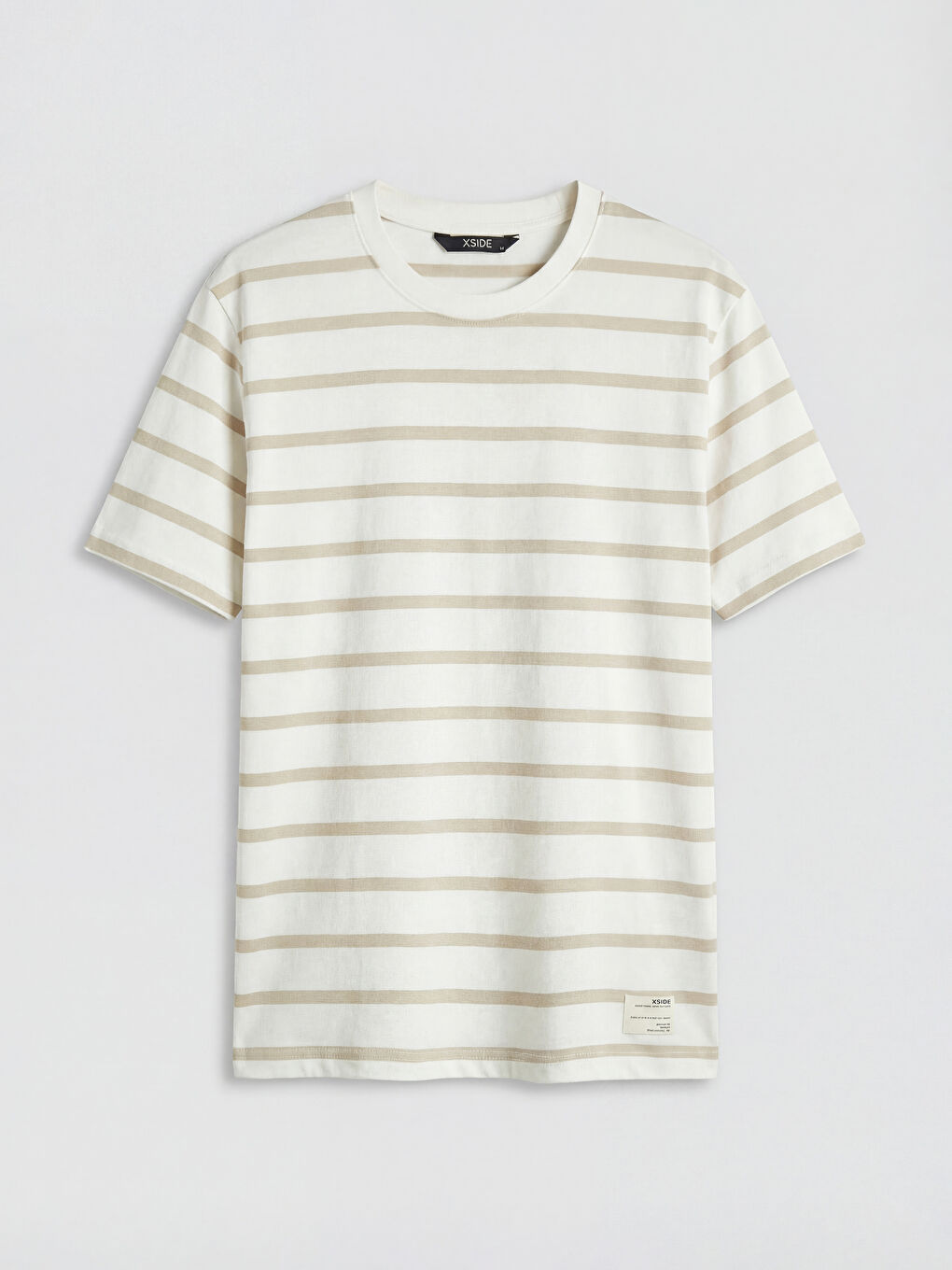 Bej Bisiklet Yaka Çizgili Penye Erkek Tişört