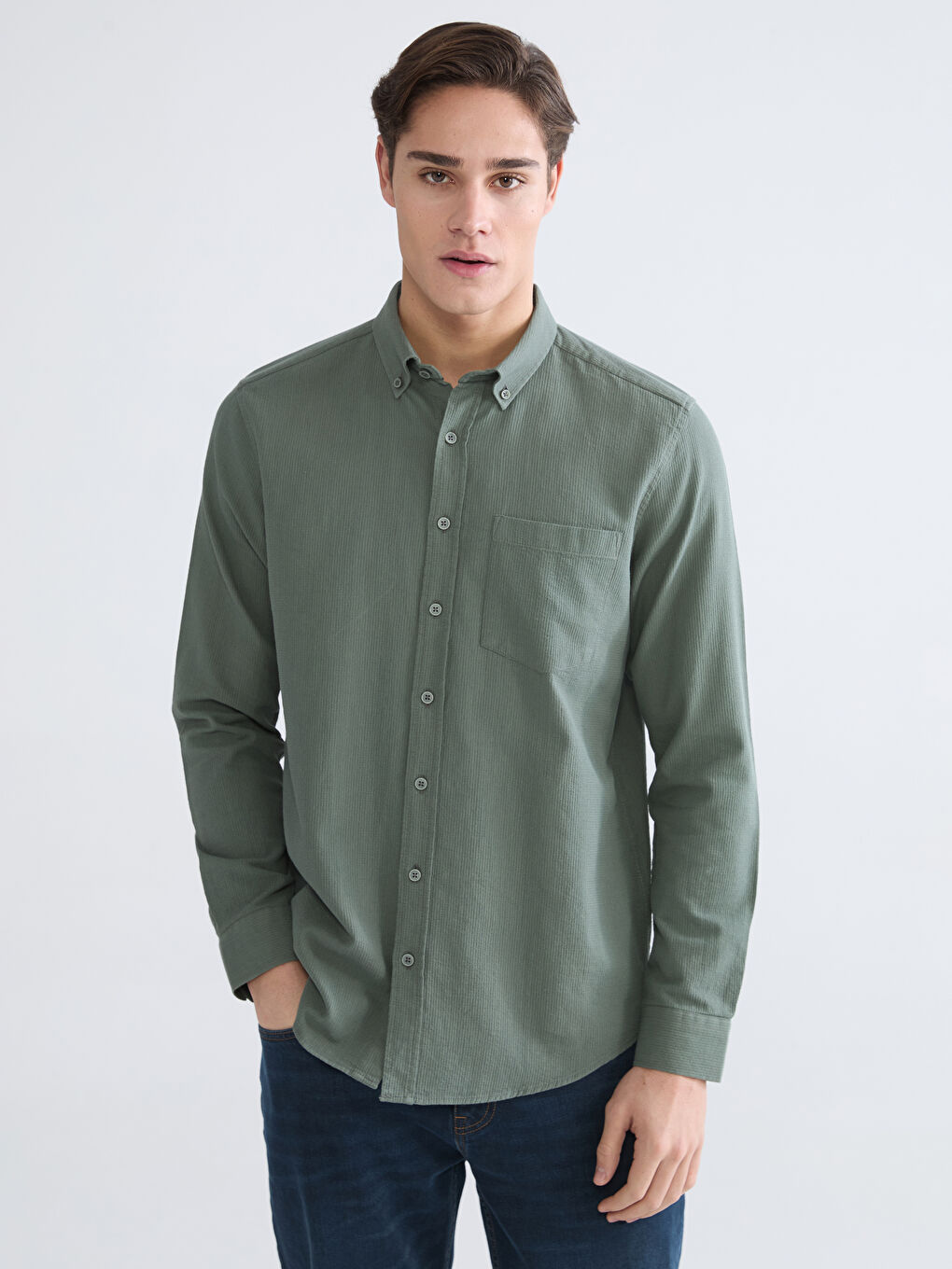 Yeşil Regular Fit Armürlü Erkek Gömlek