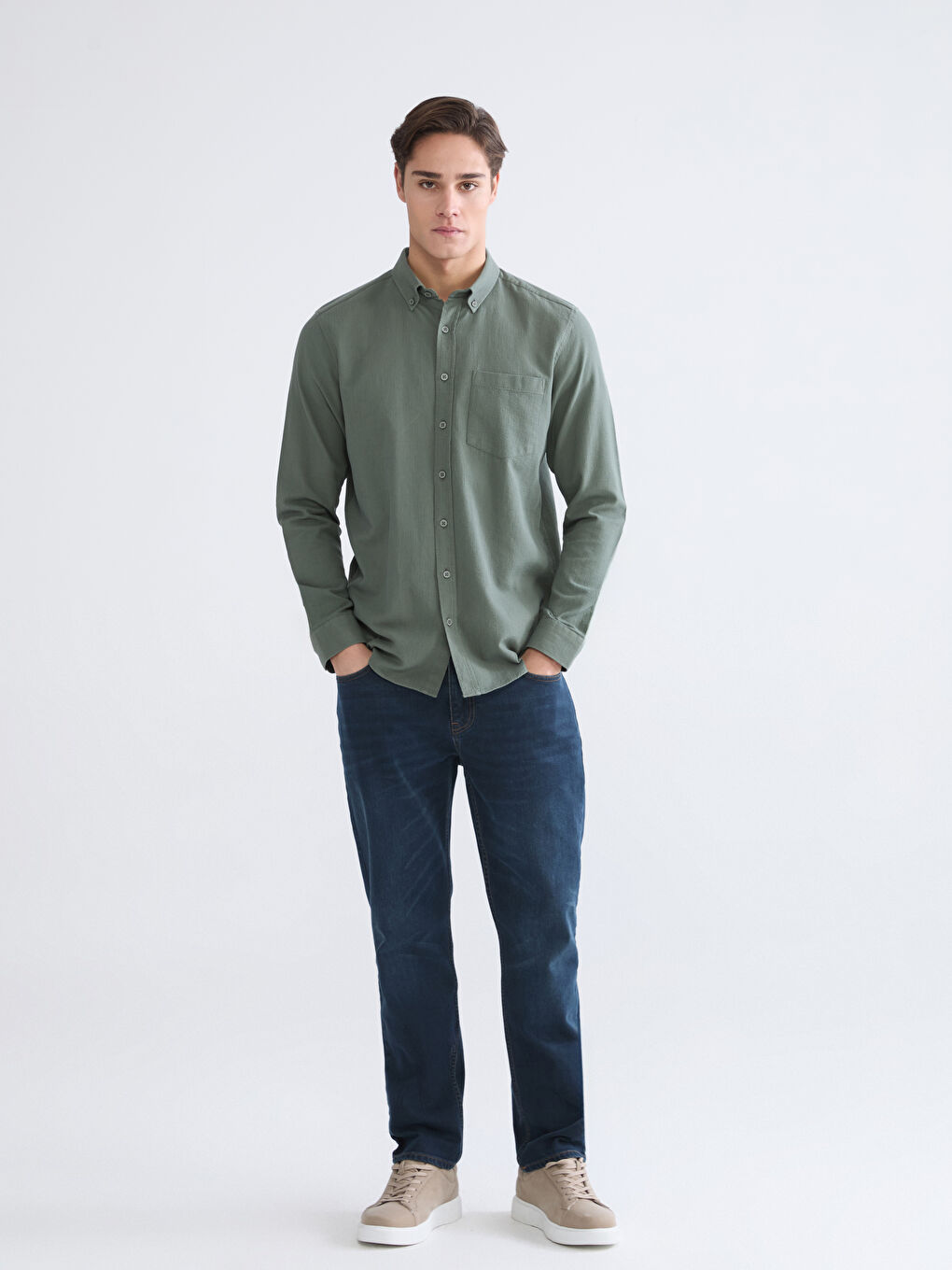 Yeşil Regular Fit Armürlü Erkek Gömlek-1