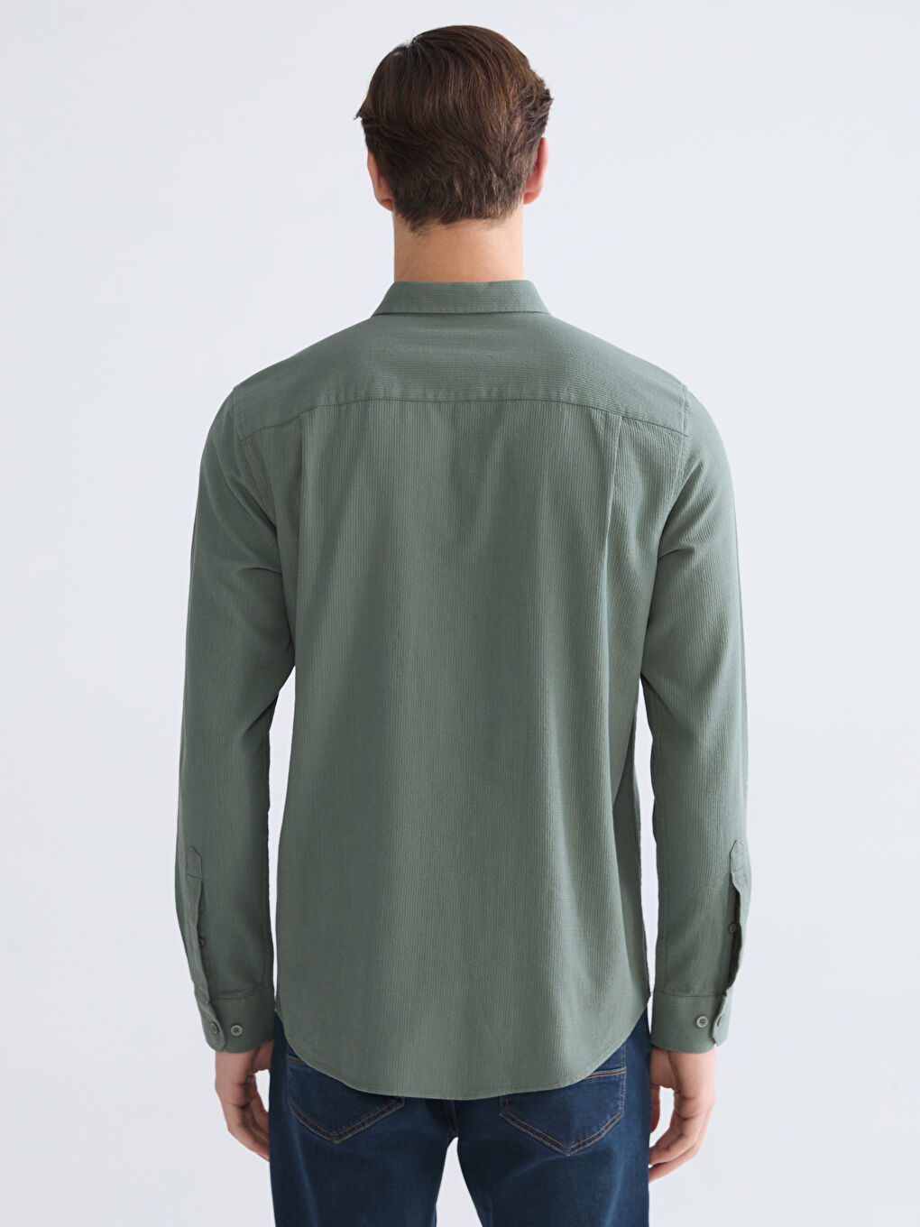 Yeşil Regular Fit Armürlü Erkek Gömlek-3