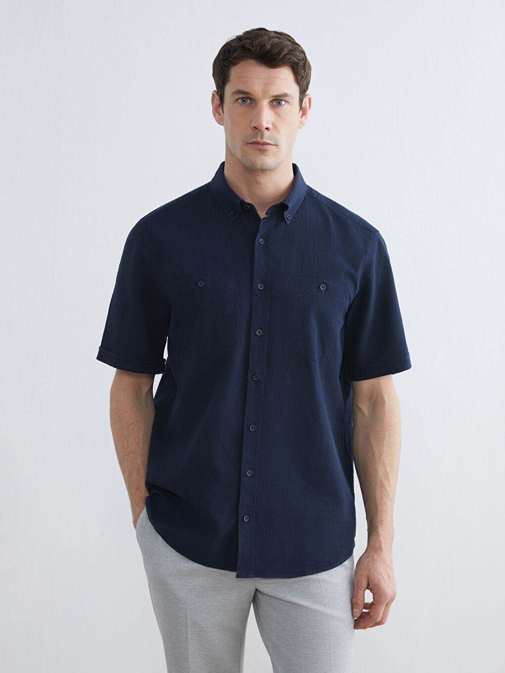 Lacivert Regular Fit Armürlü Erkek Gömlek