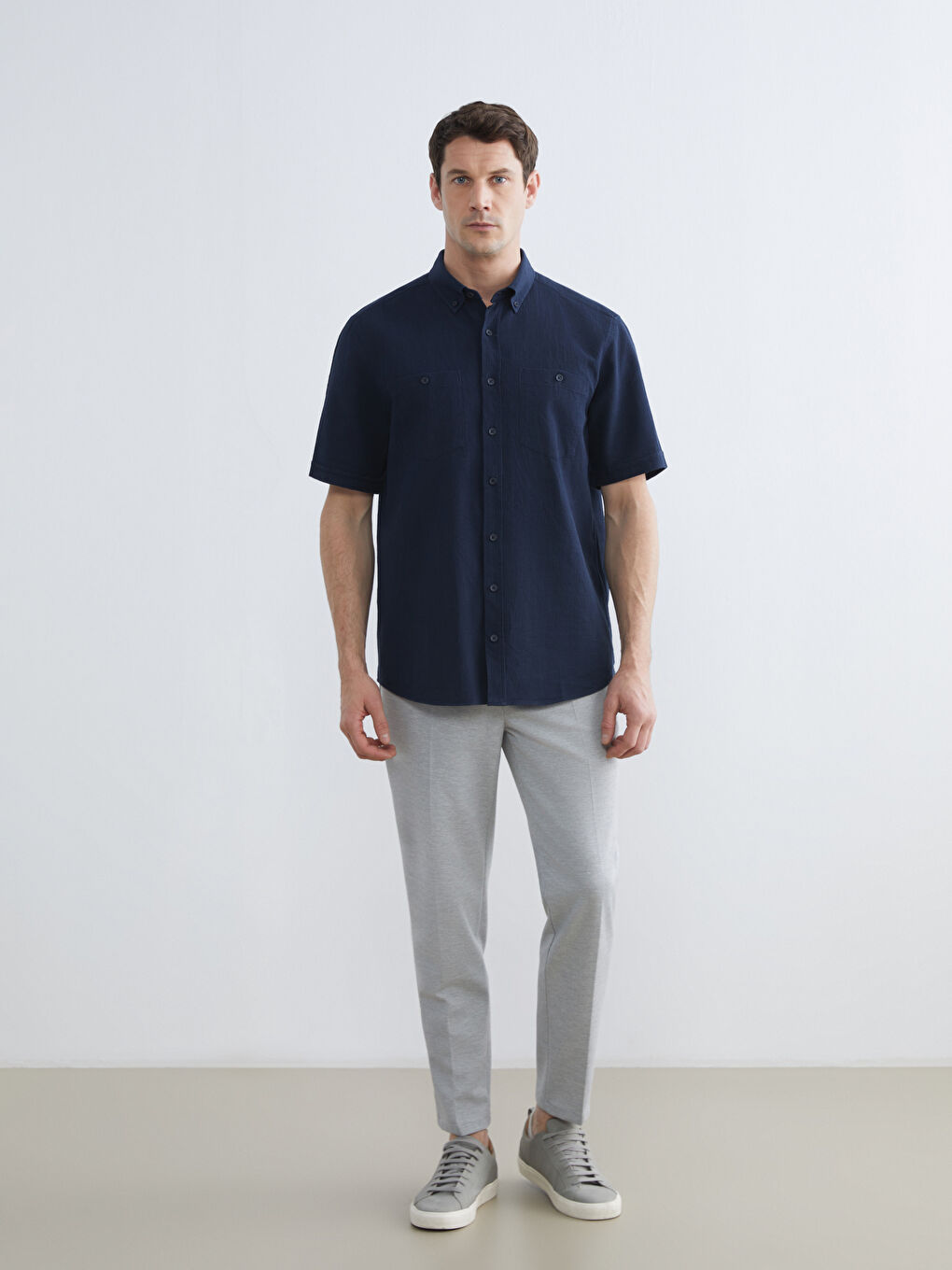 Lacivert Regular Fit Armürlü Erkek Gömlek-1