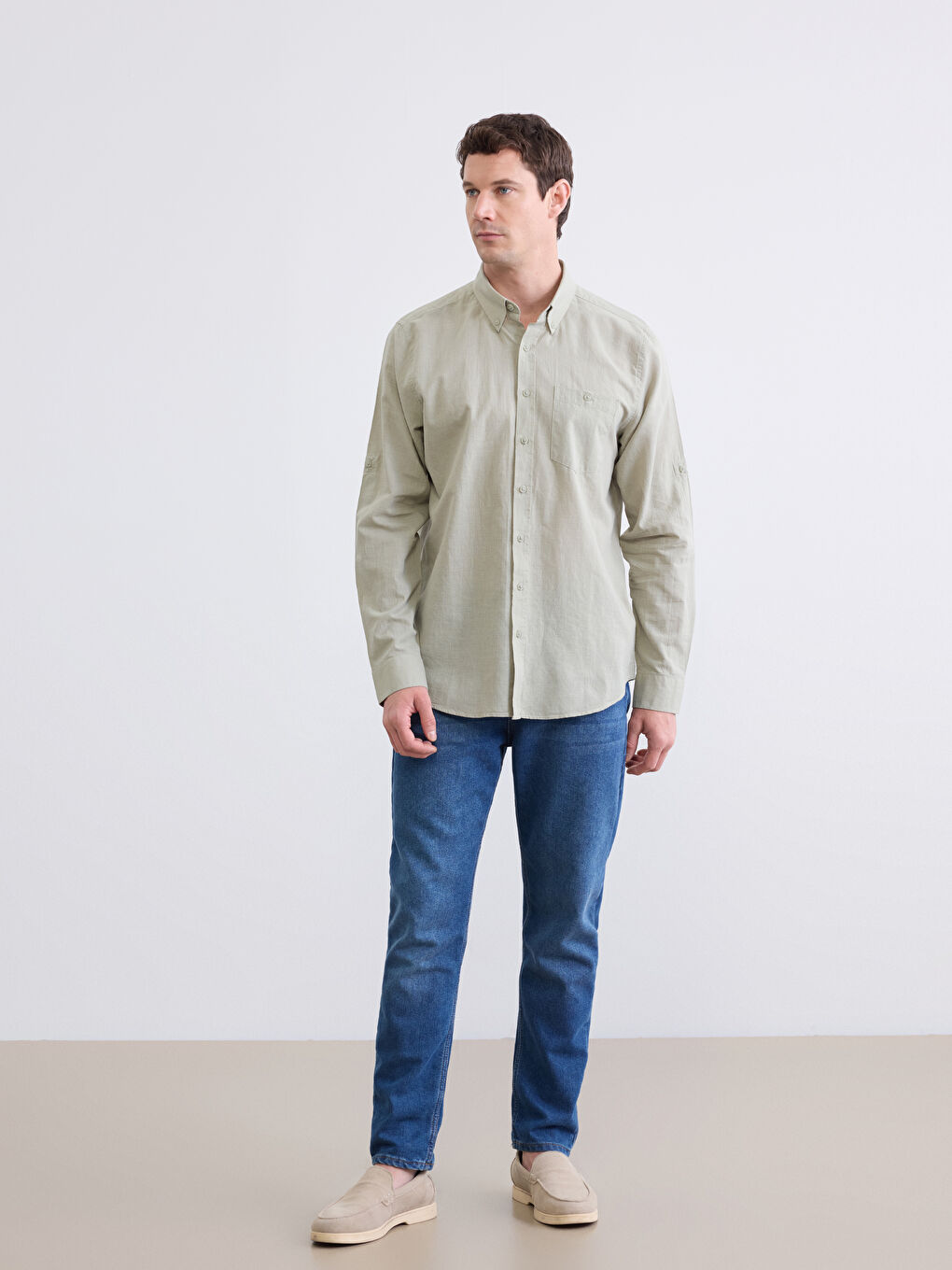 რეგულარული მორგება ლინენის ნაზავი მამაკაცის პერანგი-1