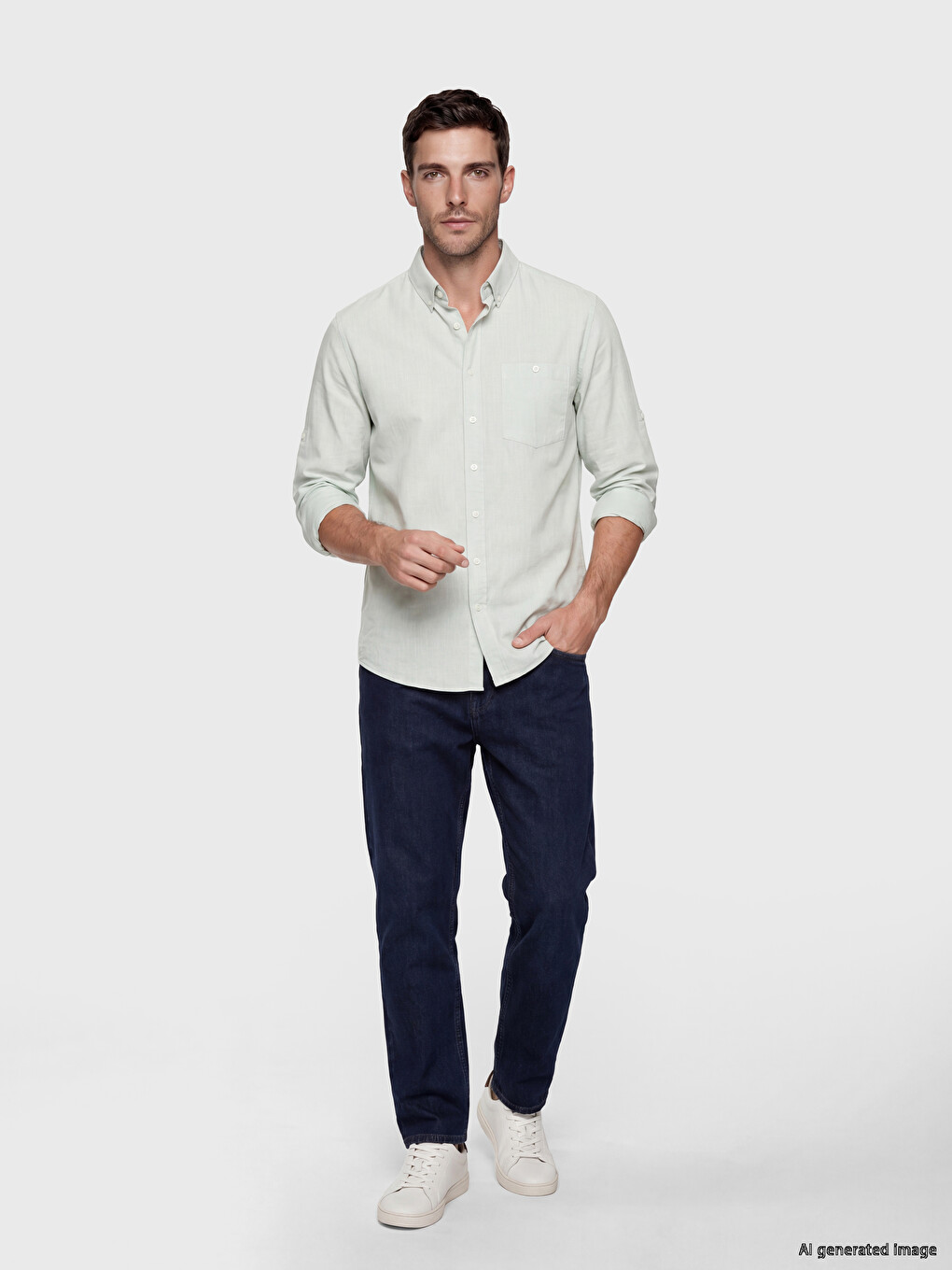 Yeşil Regular Fit Keten Karışımlı Erkek Gömlek-1