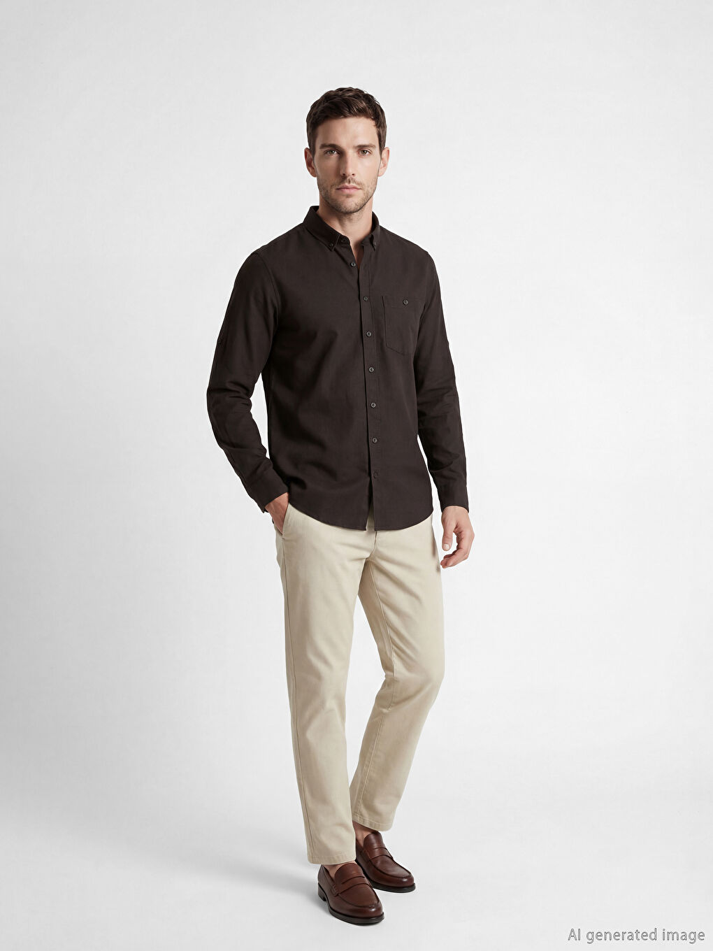 Kahverengi Regular Fit Keten Karışımlı Erkek Gömlek-1