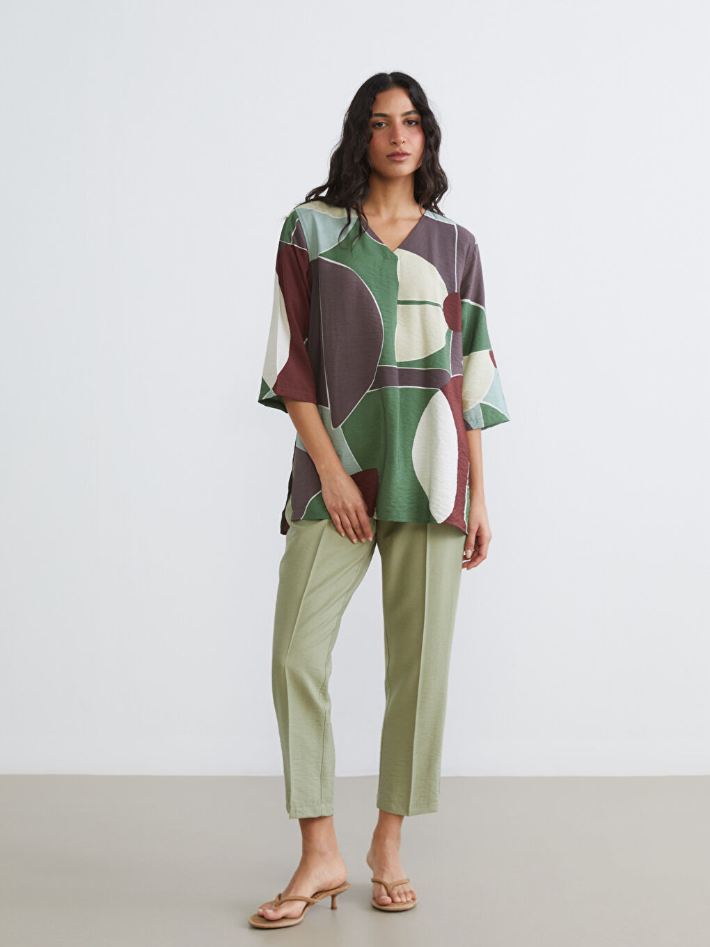 V-Neck Patterned Oversized Blouse-1