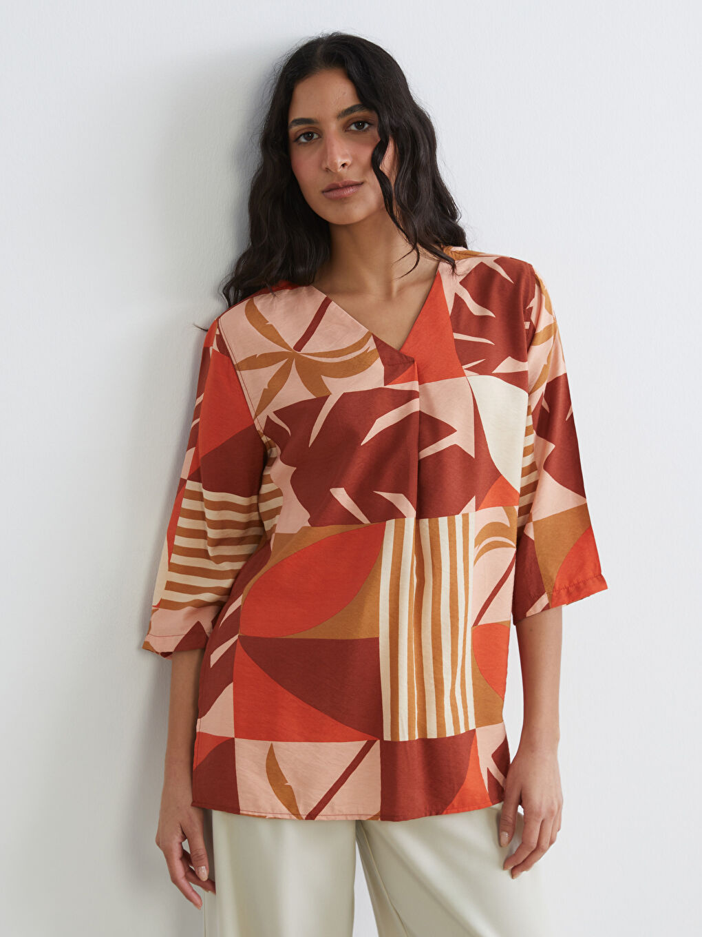 V-Neck Patterned Oversized Blouse