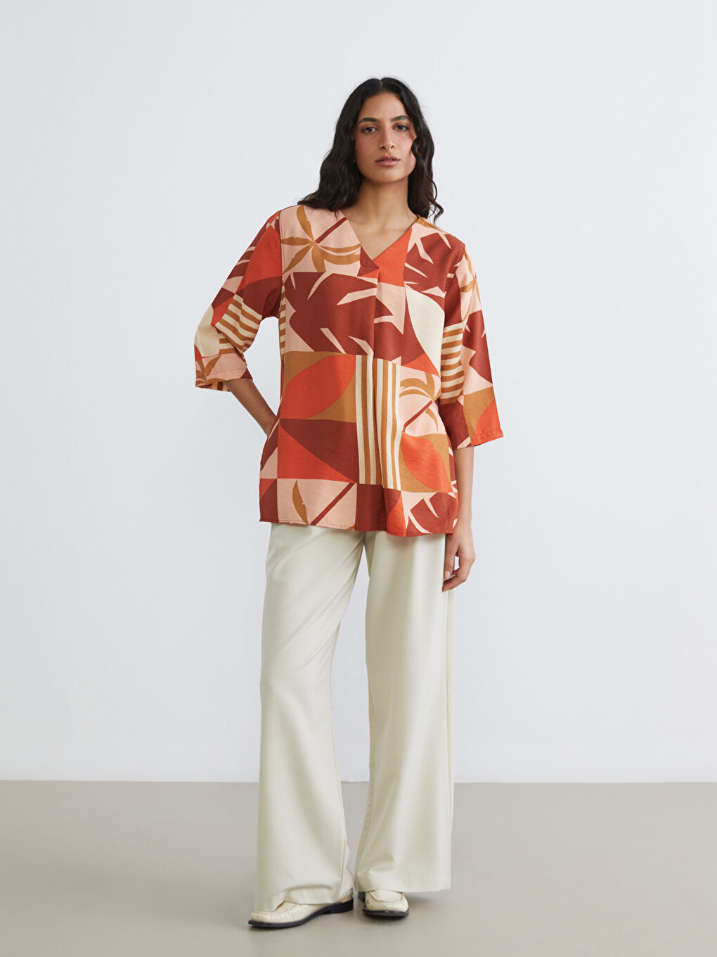 V-Neck Patterned Oversized Blouse-3