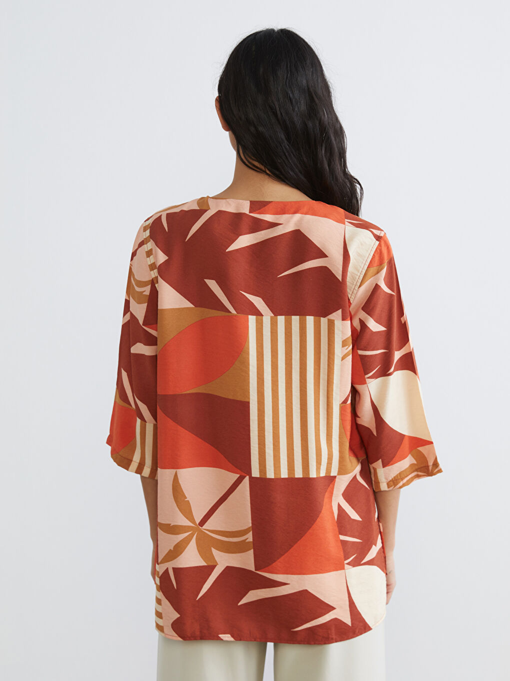 V-Neck Patterned Oversized Blouse-7