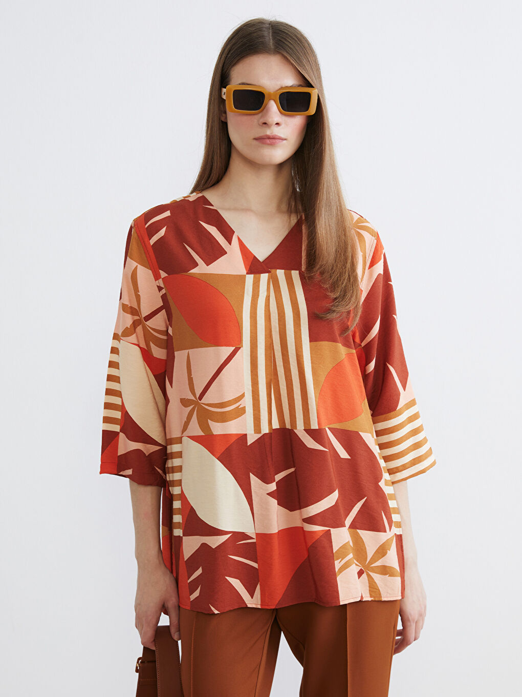 V-Neck Patterned Oversized Blouse-1