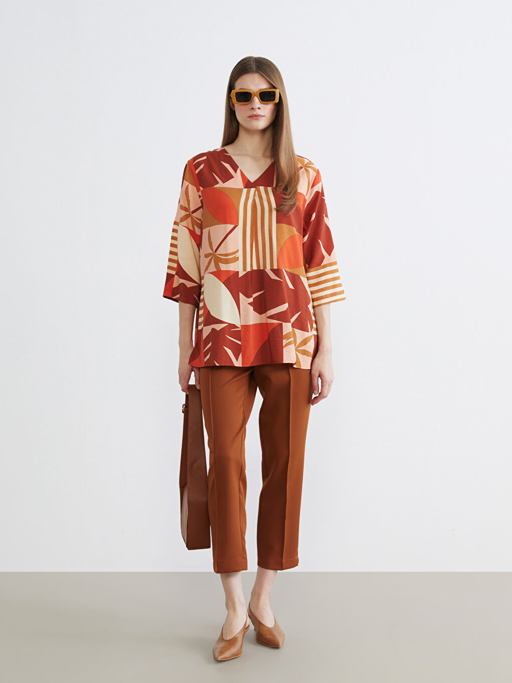 V-Neck Patterned Oversized Blouse-2