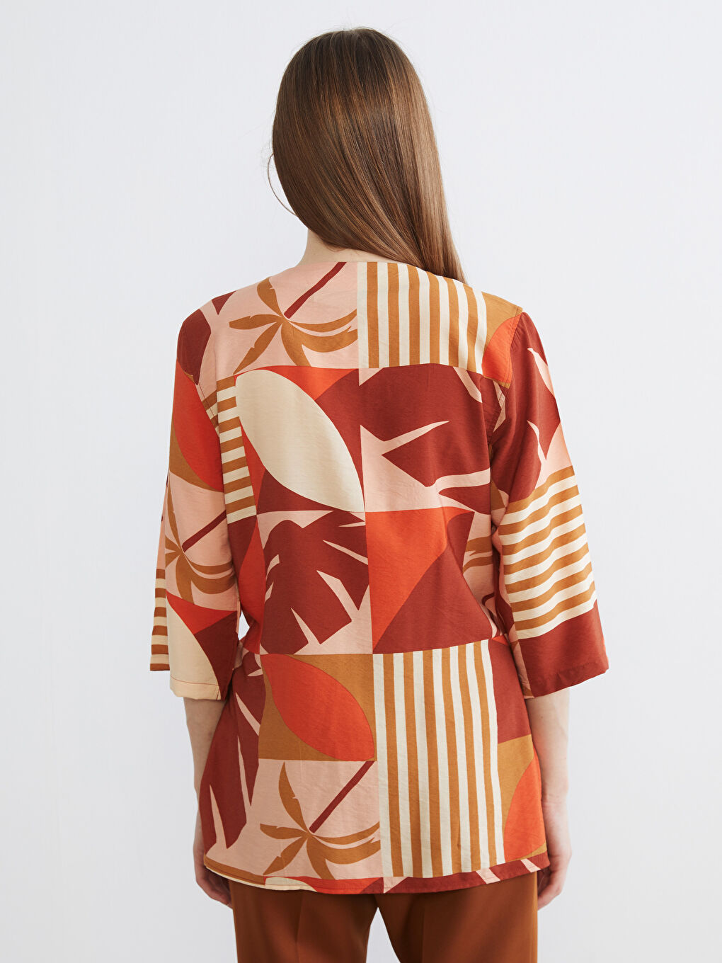 V-Neck Patterned Oversized Blouse-6