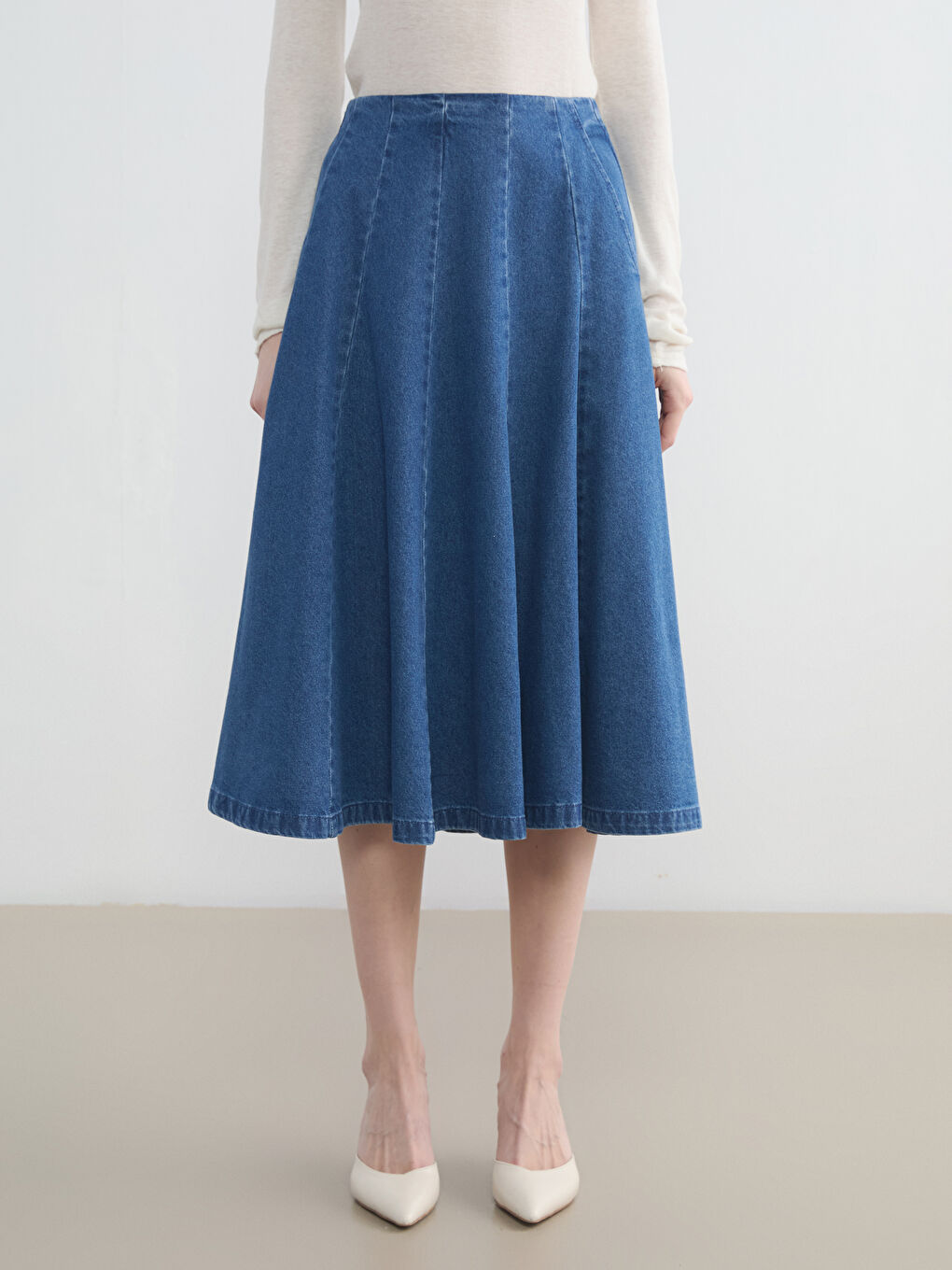 High Waisted Zippered Flared Denim Skirt-1