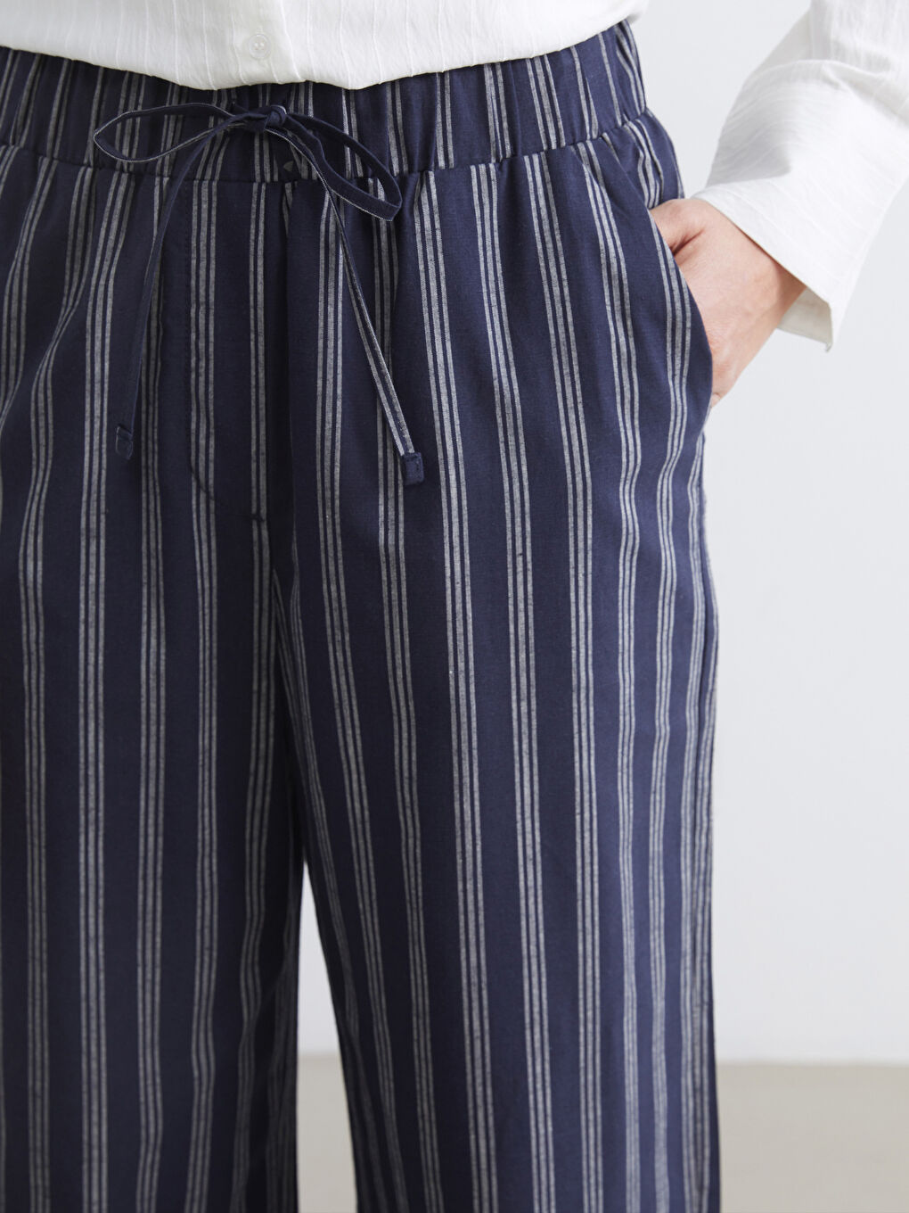 Pantalone od mešavine lana sa elastičnim strukom i prugama za žene-2