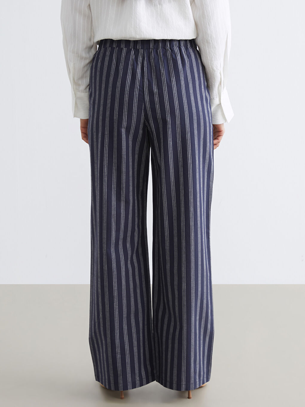 Pantalone od mešavine lana sa elastičnim strukom i prugama za žene-3