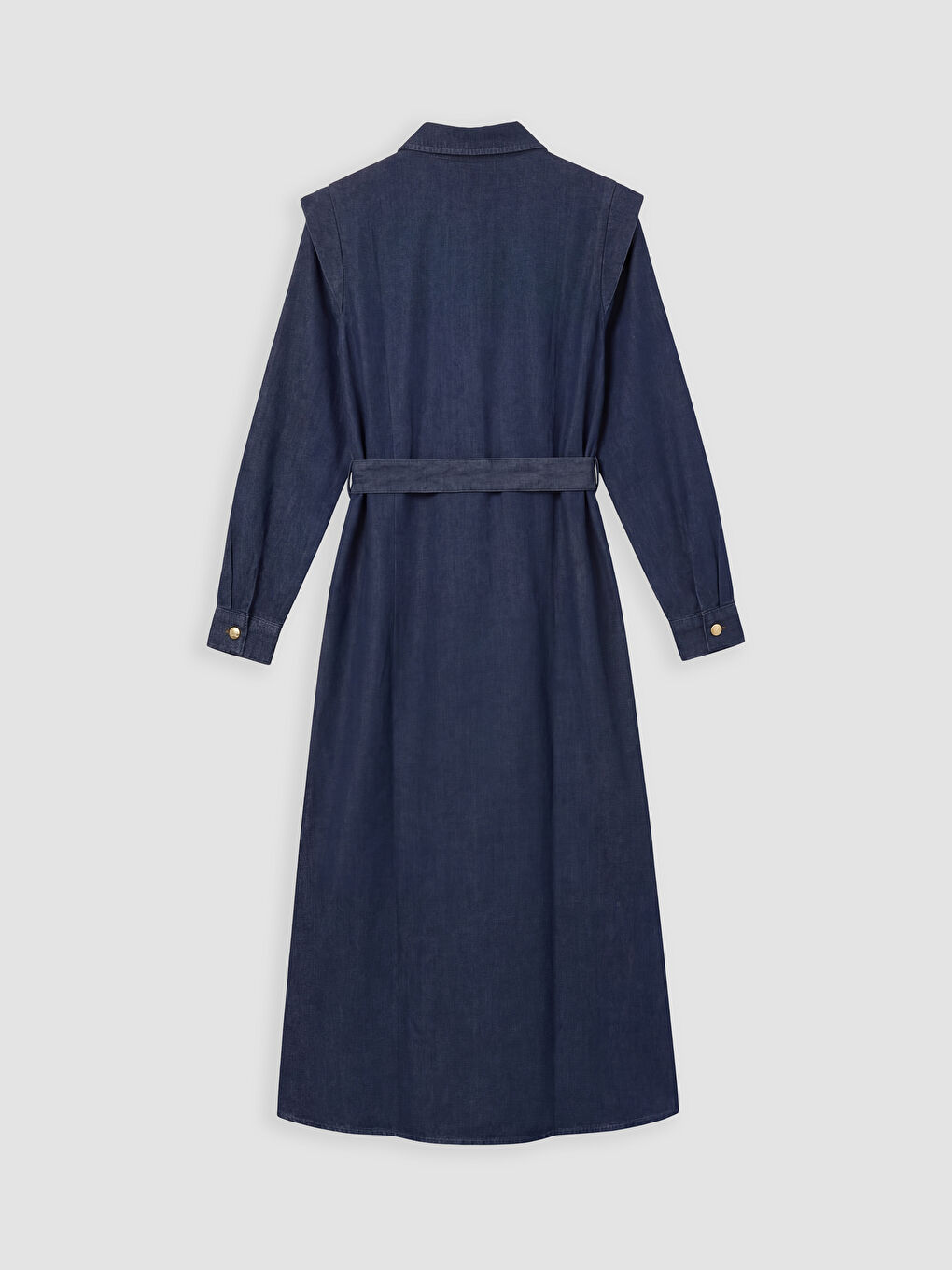 Женское джинсовое макси-платье с рубашечным воротником и поясом-1