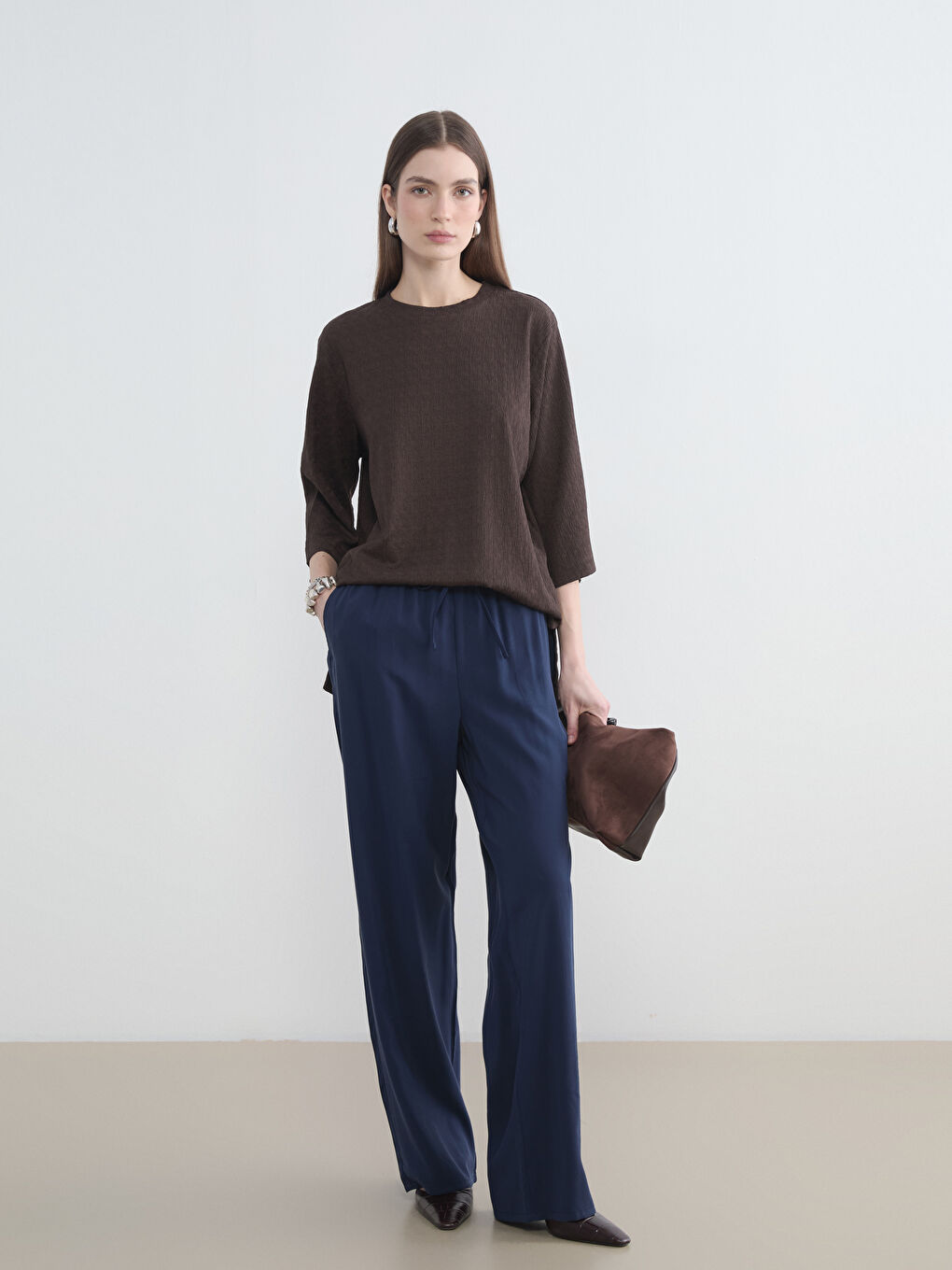 Lacivert Beli Lastikli Kadın Pantolon