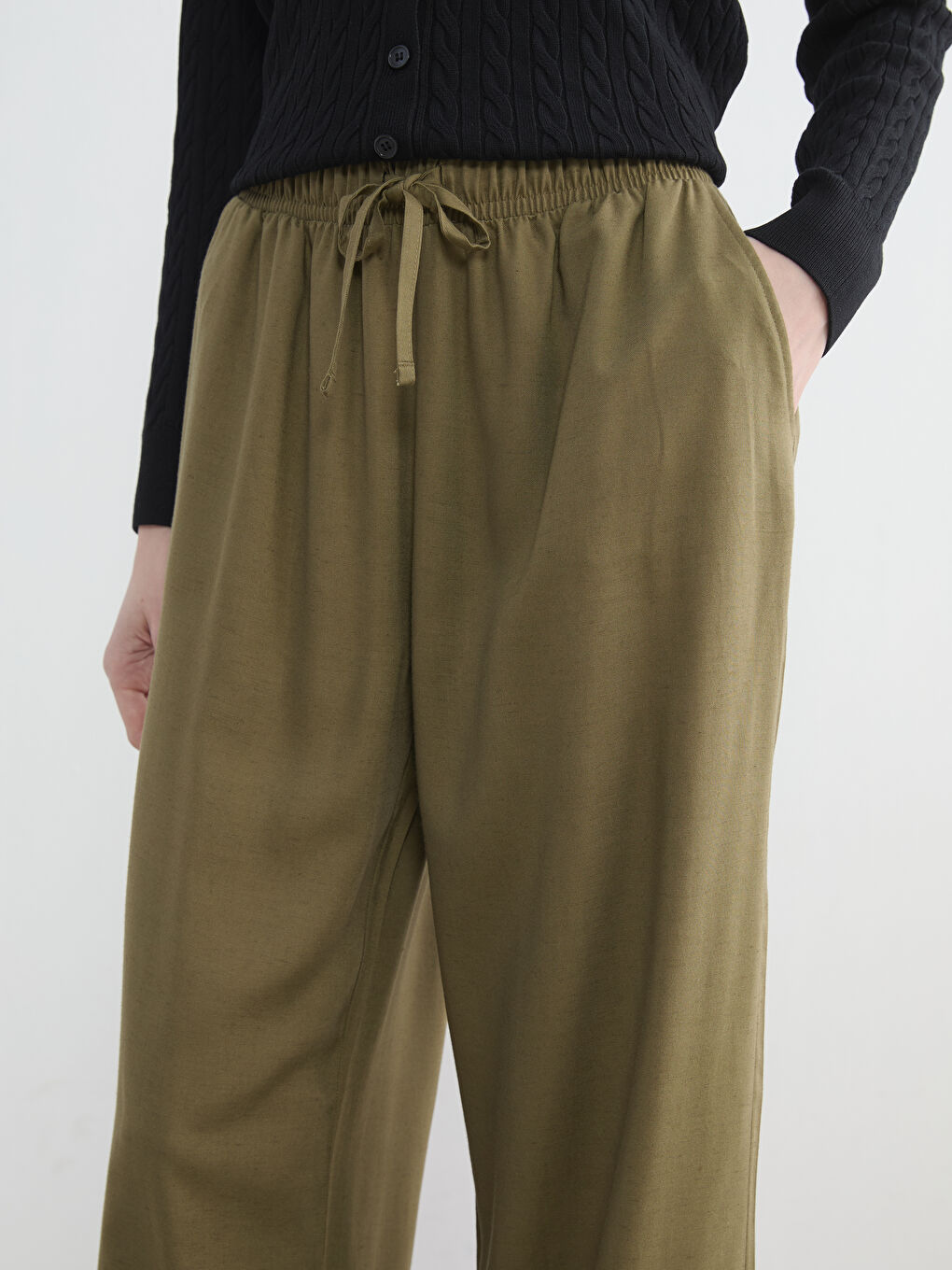Women's Elastic Waist Linen Blend Trousers-2
