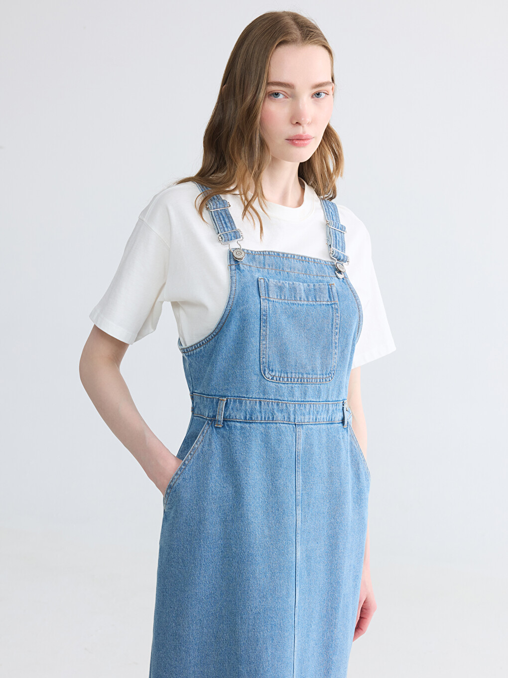 Square Neck Jean Dungaree Dress-1