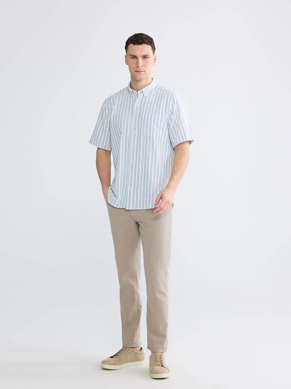 Lacivert Regular Fit Çizgili Erkek Gömlek-1