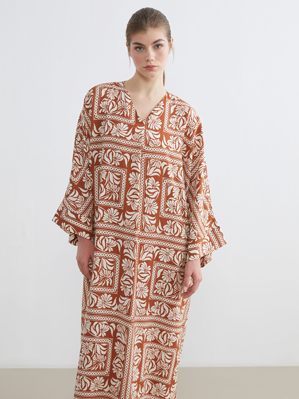 V-Neck Patterned Long Dress-1