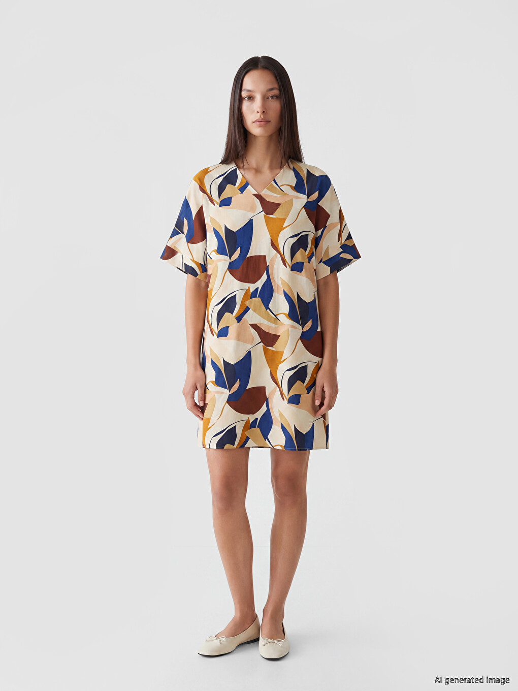V Neck Patterned A Line Oversize Dress-1