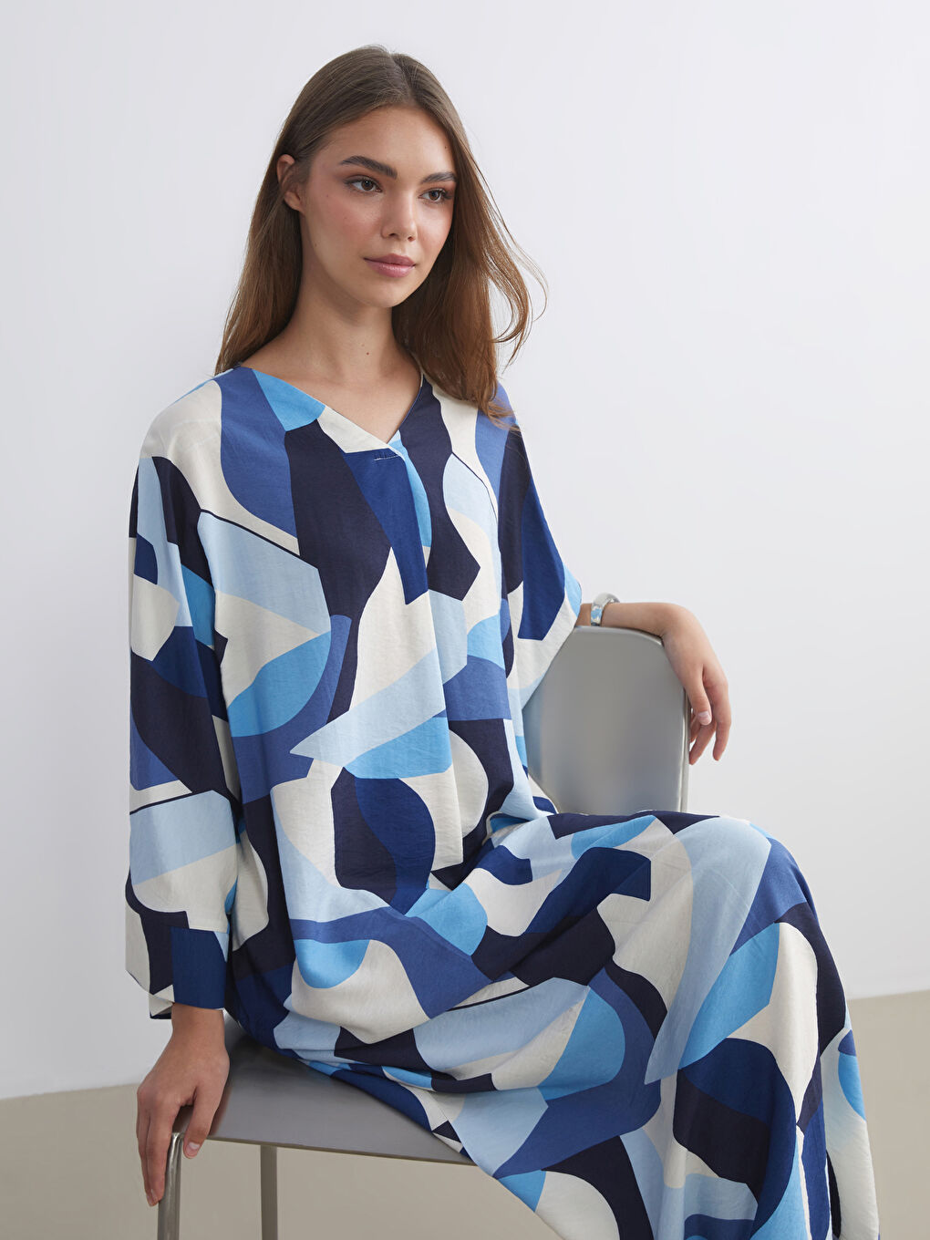 V-Neck Patterned Long Dress