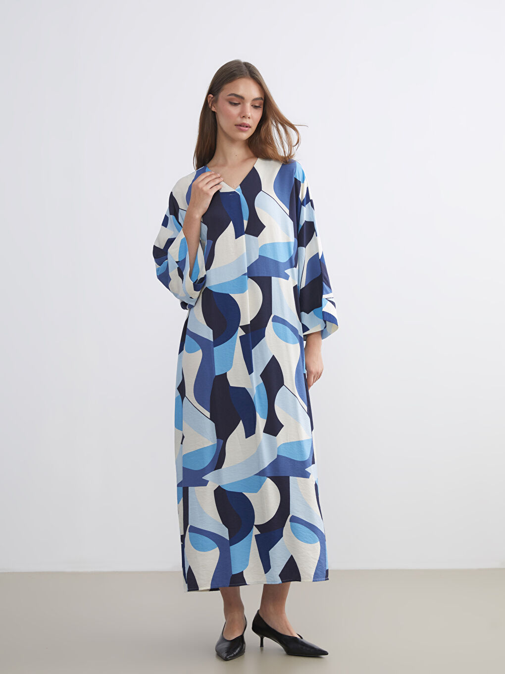 V-Neck Patterned Long Dress-1