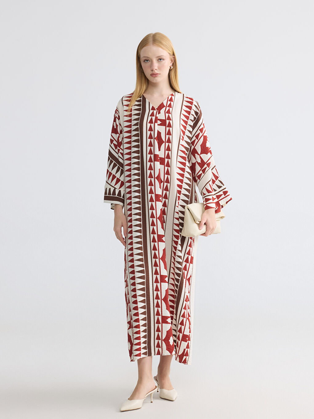 V Neck Patterned A Line Oversize Dress-1
