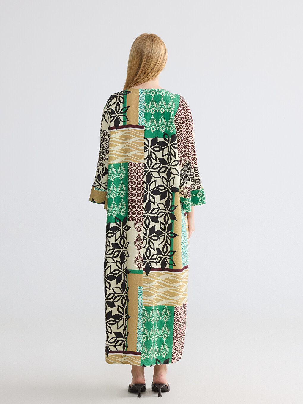 V Neck Patterned A Line Oversize Dress-3