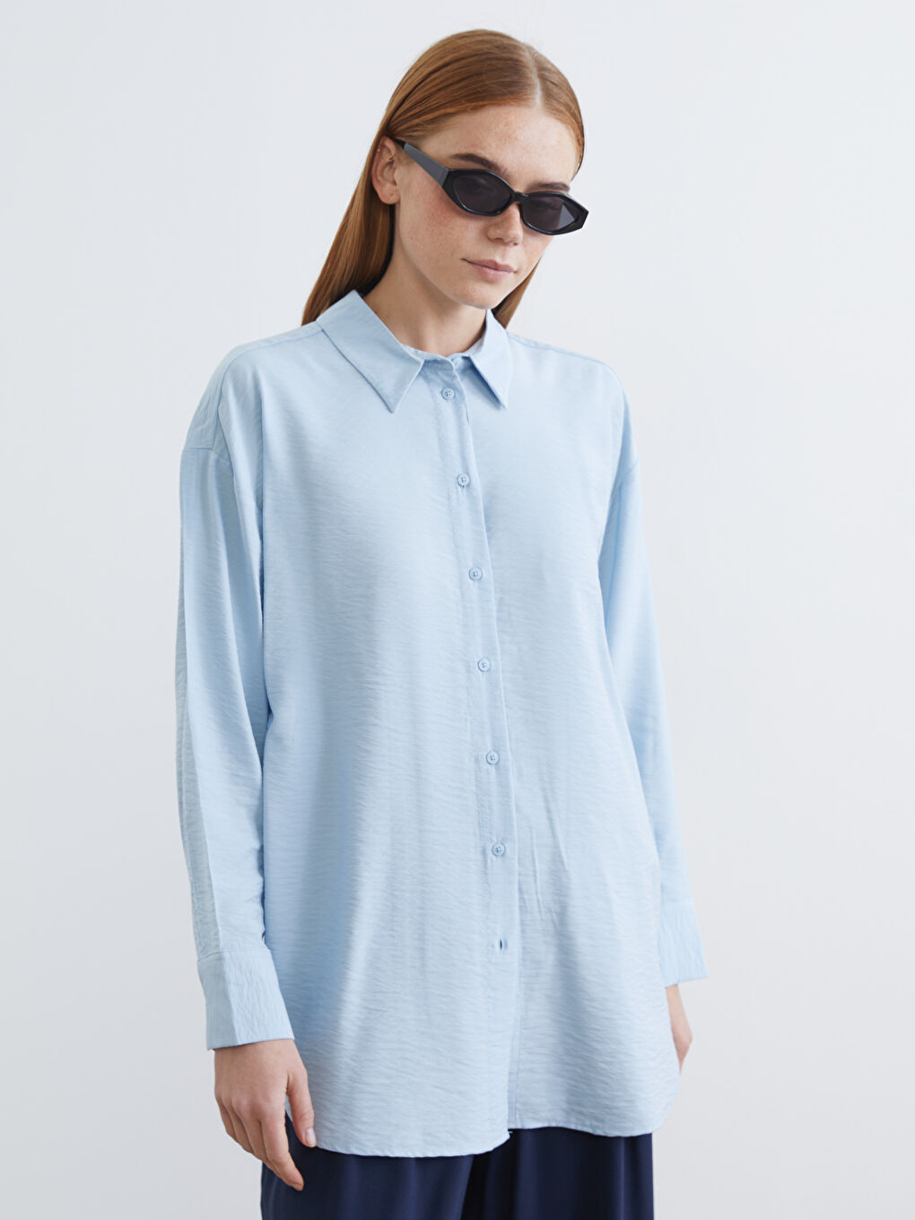 Mavi Oversize Gabardin Kadın Gömlek Tunik	