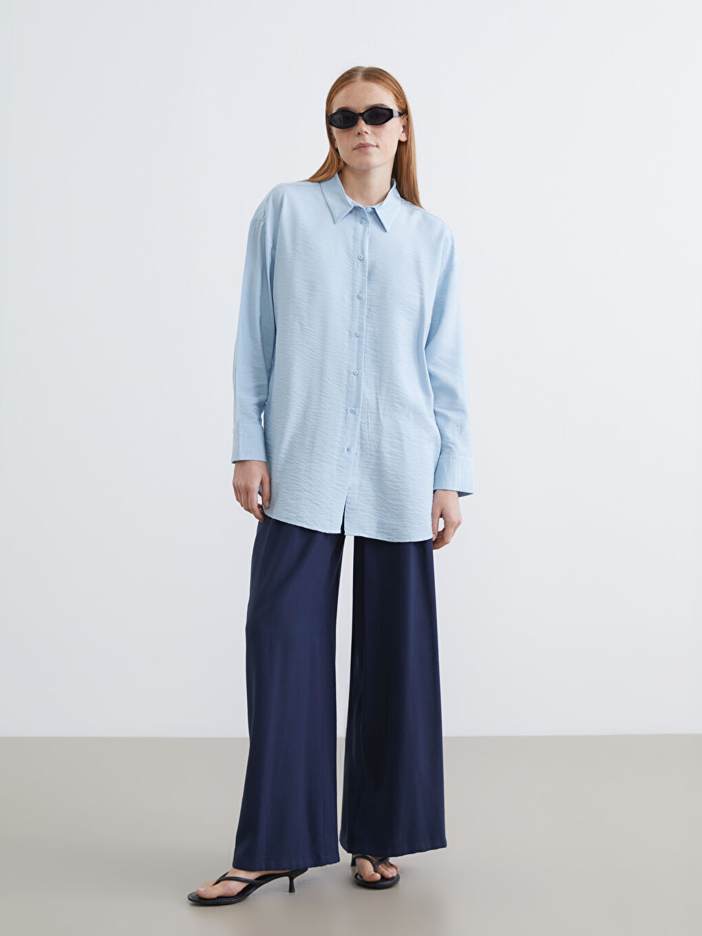 Mavi Oversize Gabardin Kadın Gömlek Tunik	-1