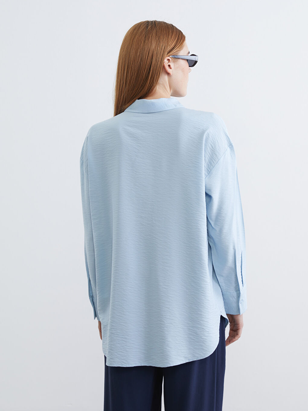 Mavi Oversize Gabardin Kadın Gömlek Tunik	-3