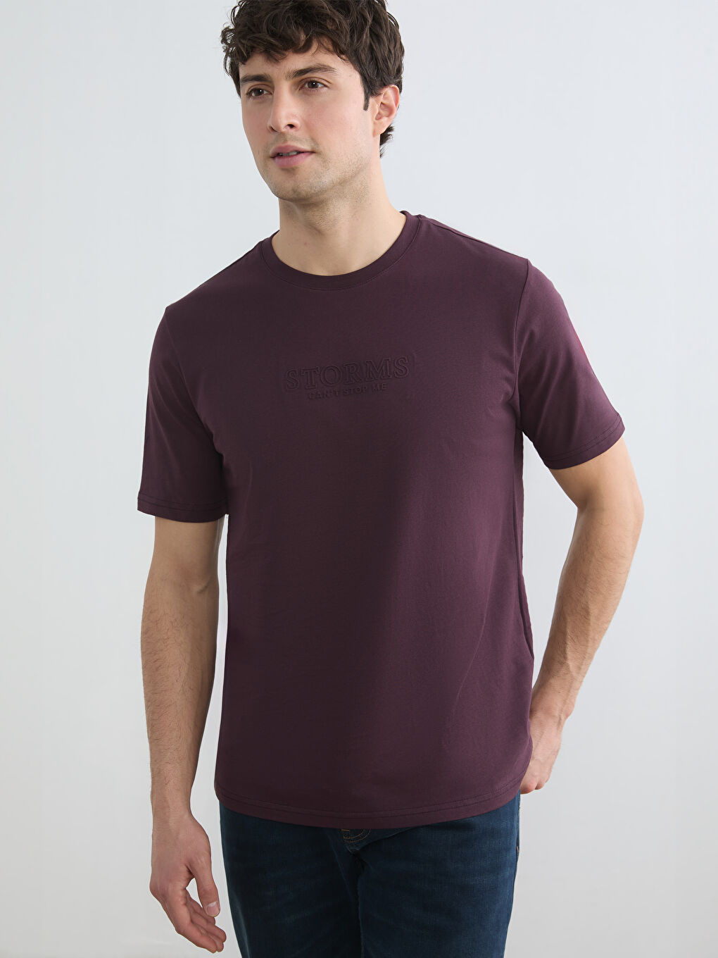 Mürdüm Bisiklet Yaka Baskılı Penye Erkek Tişört