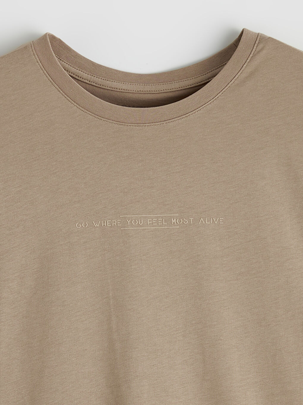 Bej Bisiklet Yaka Baskılı Penye Erkek Tişört-1