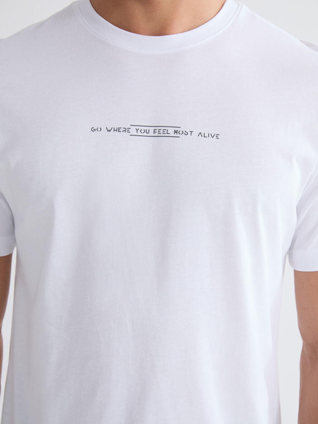 Beyaz Bisiklet Yaka Baskılı Penye Erkek Tişört-2