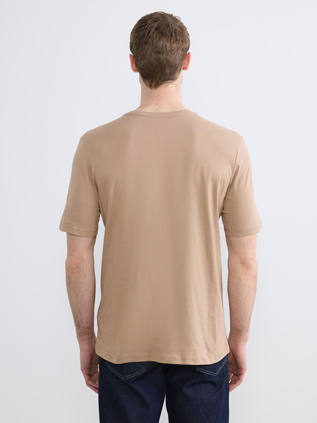 Bej Bisiklet Yaka Baskılı Penye Erkek Tişört-3