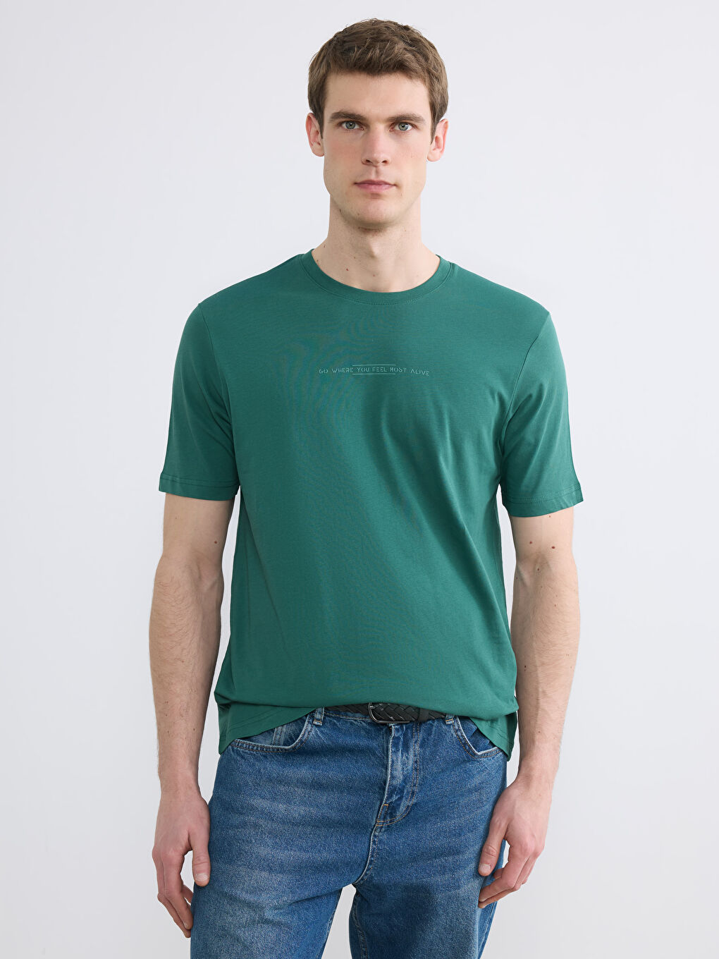 Yeşil Bisiklet Yaka Baskılı Penye Erkek Tişört