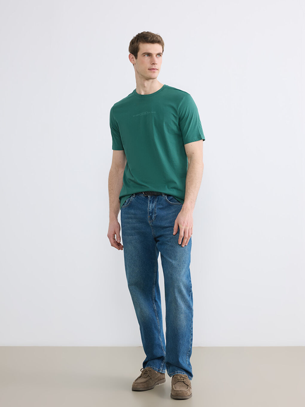 Yeşil Bisiklet Yaka Baskılı Penye Erkek Tişört-1