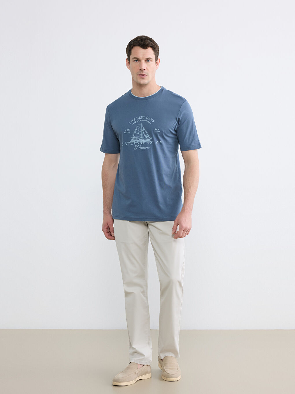 Mavi Bisiklet Yaka Baskılı Erkek Tişört-1