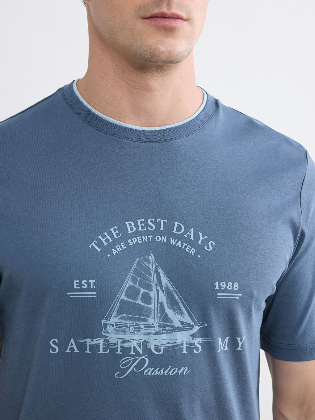 Mavi Bisiklet Yaka Baskılı Erkek Tişört-2