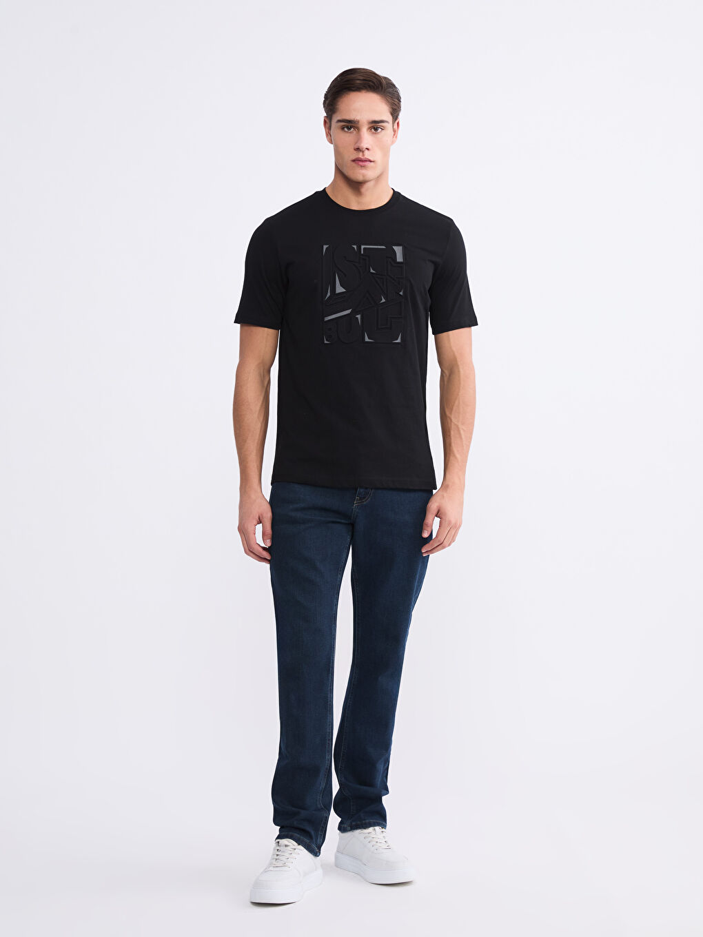 Siyah Bisiklet Yaka Baskılı Penye Erkek Tişört-1