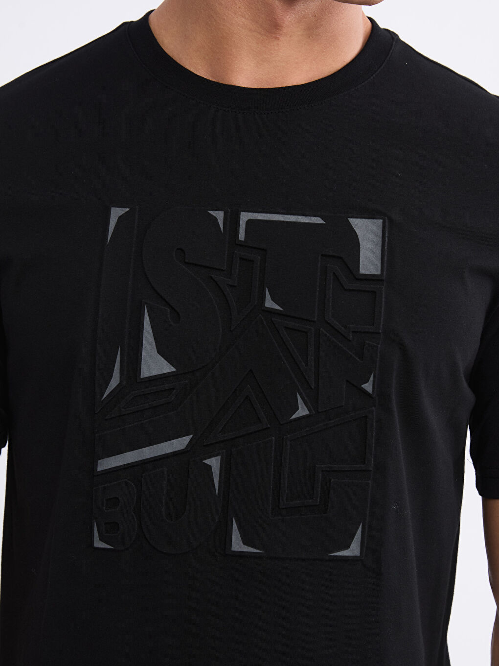 Siyah Bisiklet Yaka Baskılı Penye Erkek Tişört-2