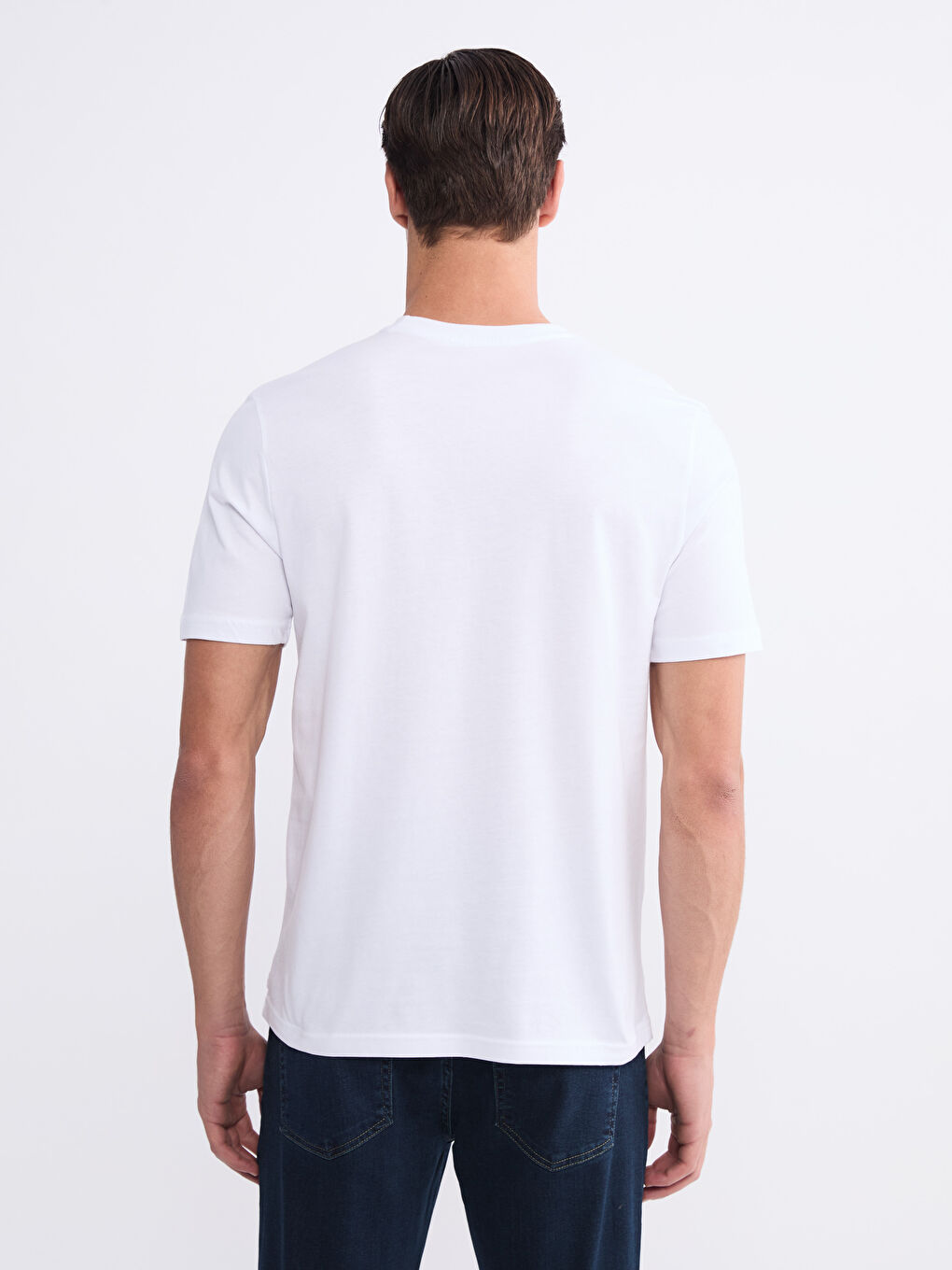 Beyaz Bisiklet Yaka Baskılı Penye Erkek Tişört-3