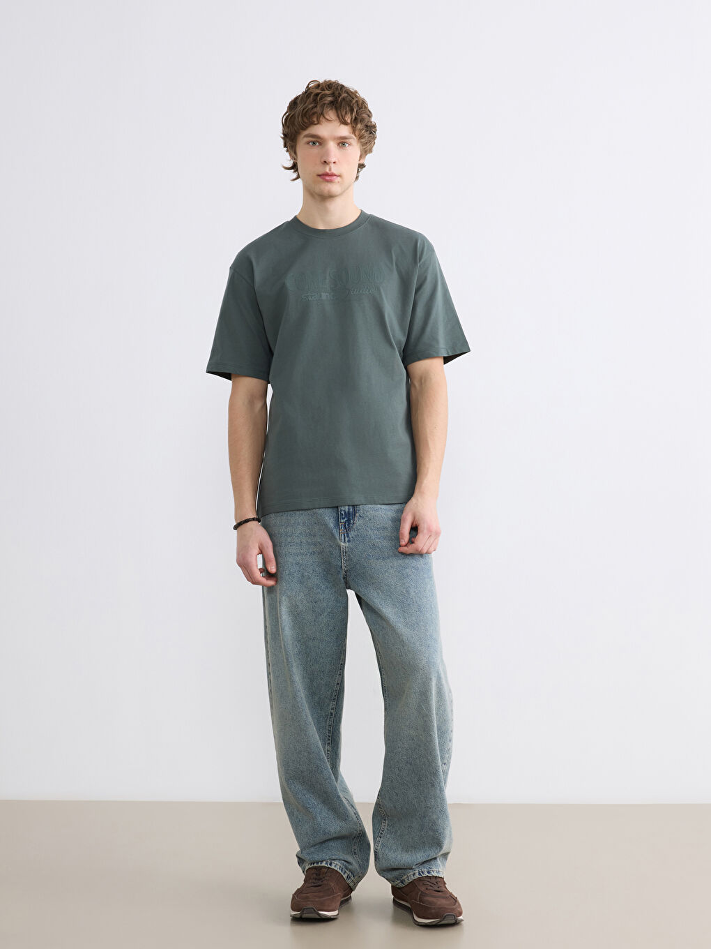 Yeşil Bisiklet Yaka Baskılı Penye Erkek Tişört-1